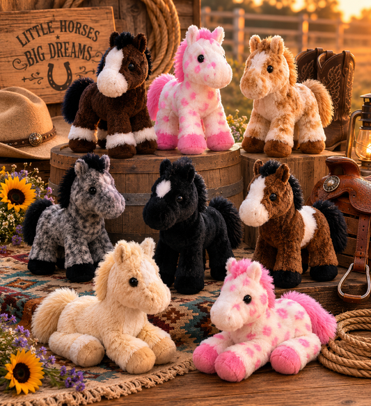 Collection of plush toy horses on a rustic wooden background with decorative elements.