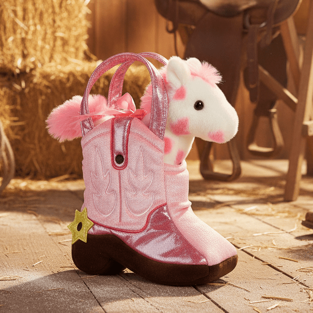 Pink cowboy boot with a horse design on a wooden floor with hay and boots in the background.