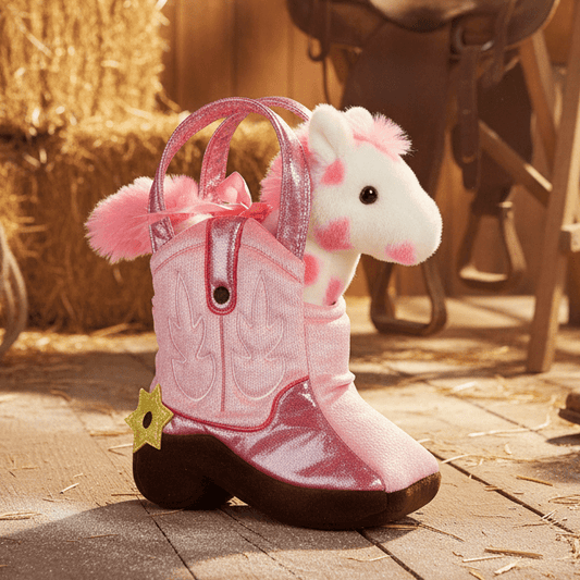 Pink cowboy boot with a horse design on a wooden floor with hay and boots in the background.