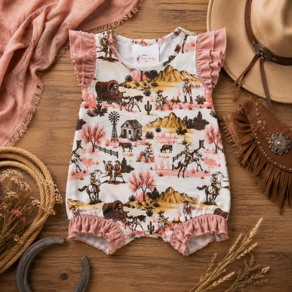Baby romper with cowboy print on a wooden surface with rustic items