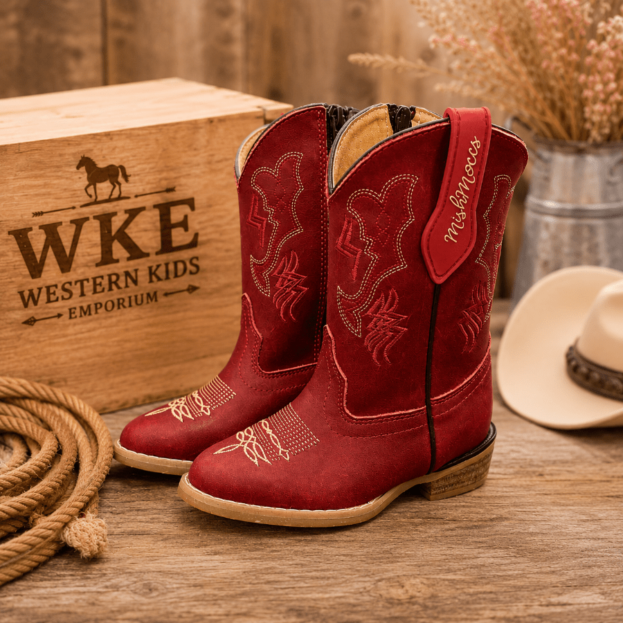 A pair of red western kids' boots with tan stitching and a pull tab reading 'Mick & Macka' and 'Western Kids,' displayed on a wooden surface with a branded wooden box, rope, dried flowers, and a hat nearby.
