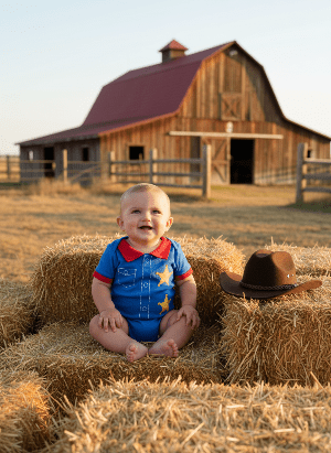 Baby sitting on hay bales in front of a barn with a cowboy hat nearby.