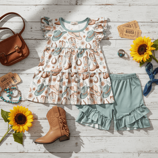 Children's short set with cowboy pattern, boots, and accessories on a wooden surface.
