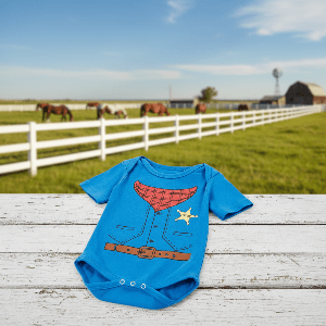 Blue cowboy-themed baby onesie on a wooden surface with a farm background