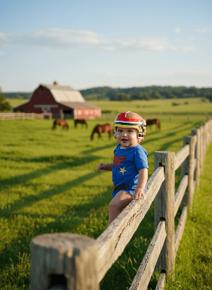 Child wearing a superhero helmet on a farm with a red barn and green fields.