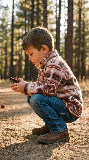 Child in a patterned sweater and jeans crouching in a forest, holding a pine cone.