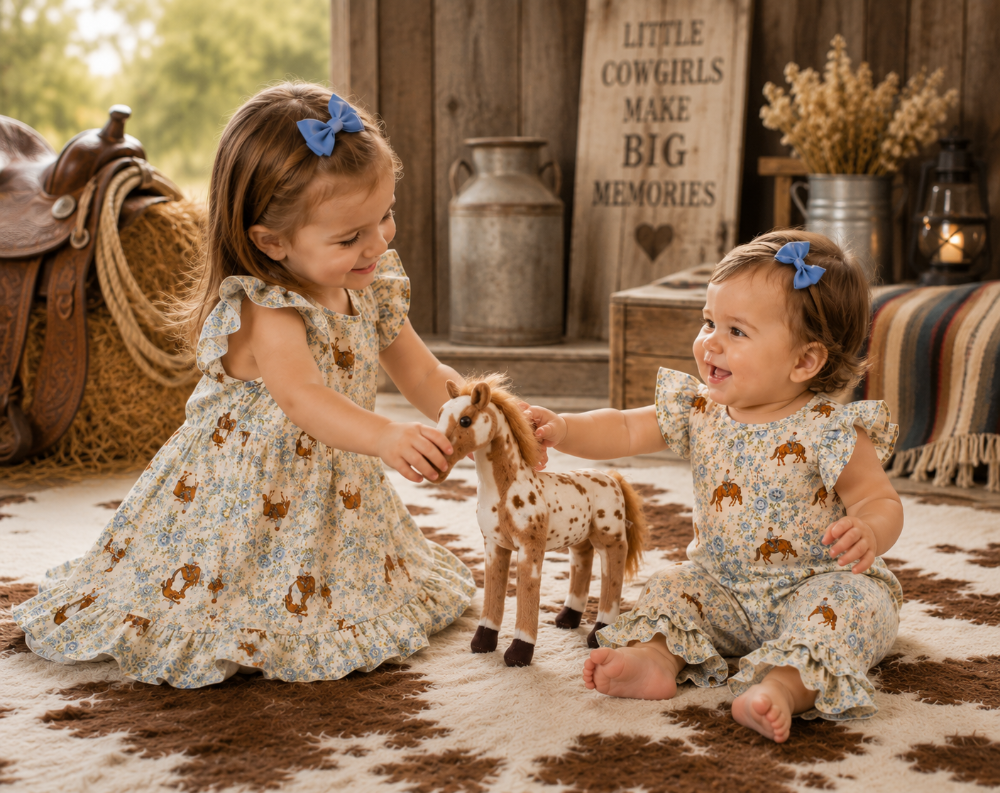 Two young girls in matching ruffled dresses with a brown and blue woodland print are sitting on a cowhide rug and playing with a small stuffed horse in a rustic barn-themed room.