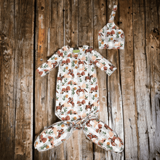 Plaid Western Baby Knotted Gown with Matching Hat – Soft and Stylish for Newborns