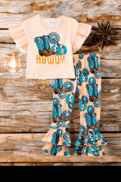 Howdy Western Kids Set – Ivory Long Sleeve Top & Layered Rustic Pants