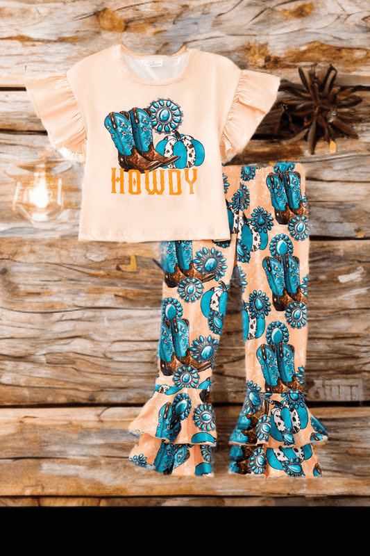Howdy Western Kids Set – Ivory Long Sleeve Top & Layered Rustic Pants