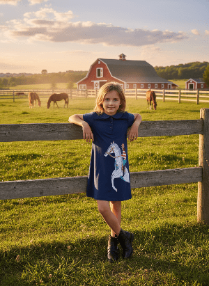 Young girl in a blue dress with a horse design standing in a field with a barn and horses in the background.