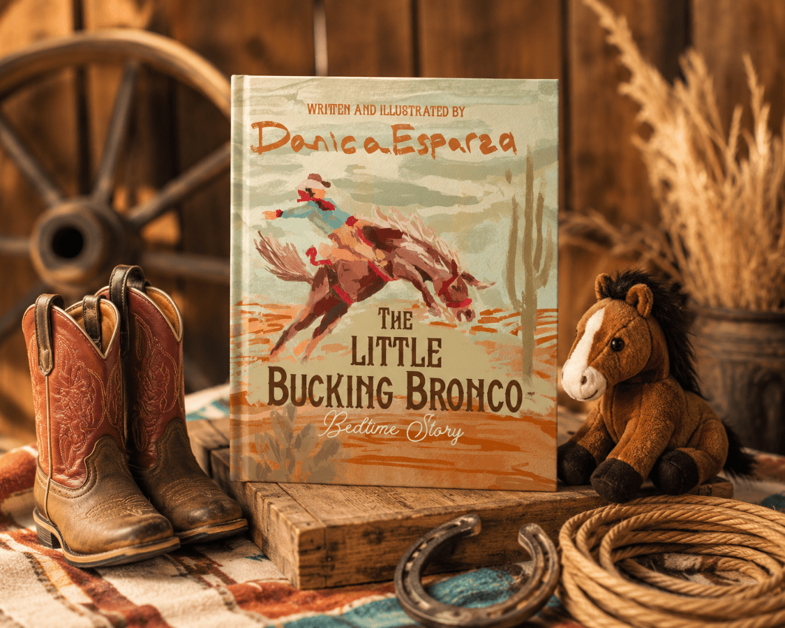 A children's book titled 'The Little Bucking Bronco' by Danica Esparza is displayed in a rustic western-themed setting with cowboy boots, a stuffed horse, a horseshoe, and rope.