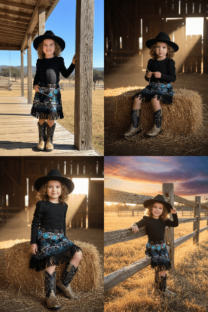 Collage of a young girl in cowboy attire on a farm.