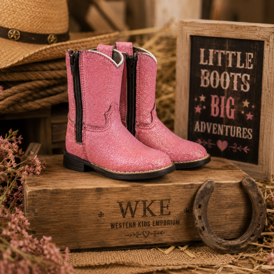 A pair of pink glitter western booties with black side zippers, displayed on a rustic wooden block with a horseshoe and a sign that reads 'LITTLE BOOTS BIG ADVENTURES'.