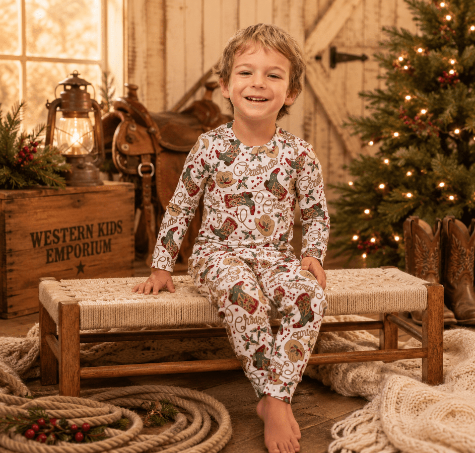 A young boy wearing a long-sleeve matching pajama set with a rustic paisley pattern, sitting on a woven bench in a cozy, rustic Christmas-themed room.