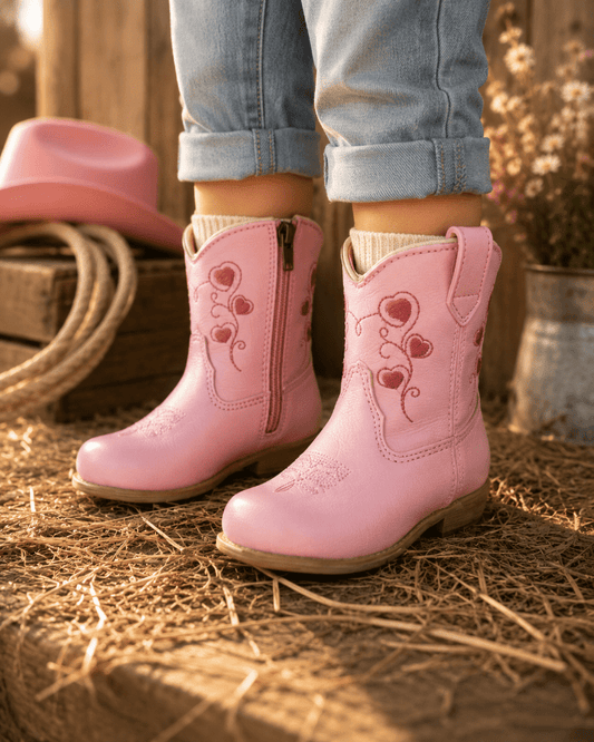 Pink cowgirl boots with heart designs worn by a child on a straw surface, with a cowboy hat and lasso in the background.