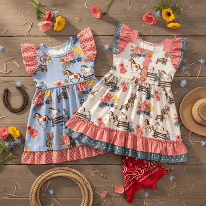 Two children's dresses with horse and floral patterns on a wooden surface with flowers and a hat.