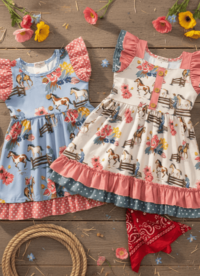 Cowgirl Horse & Floral Print Dress with Ruffle Sleeves