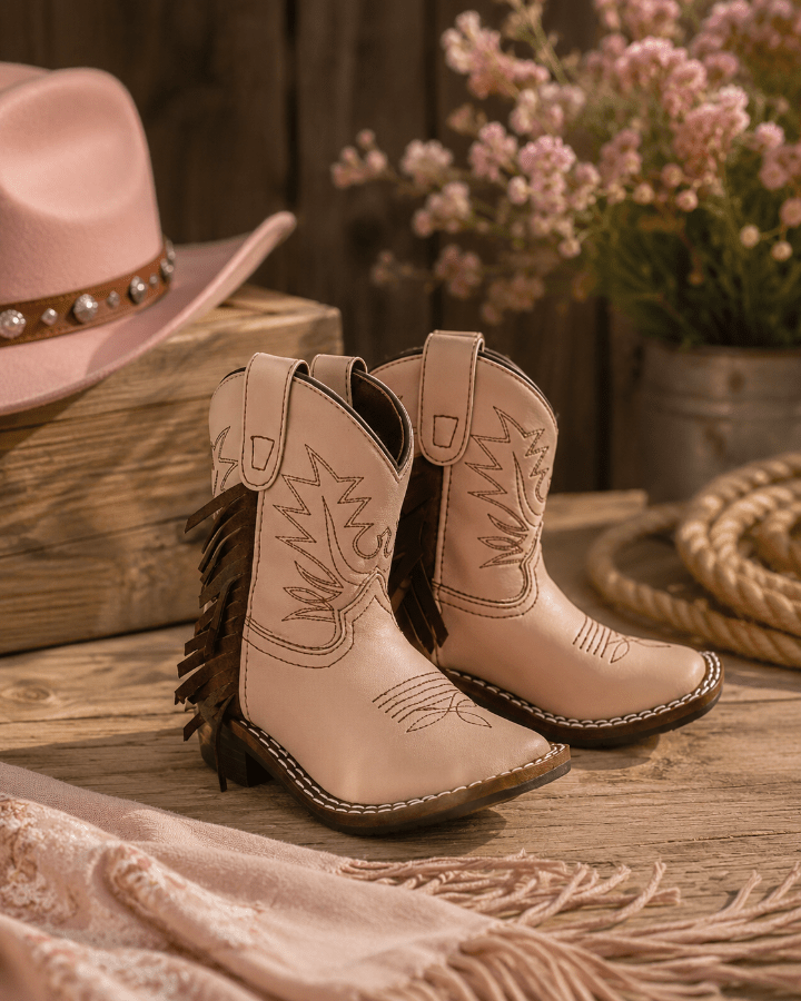 A pair of light tan western-style leather cowboy boots with fringe and embroidered stitching, displayed on a rustic wooden surface with a matching pink hat, flowers, and rope in the background.
