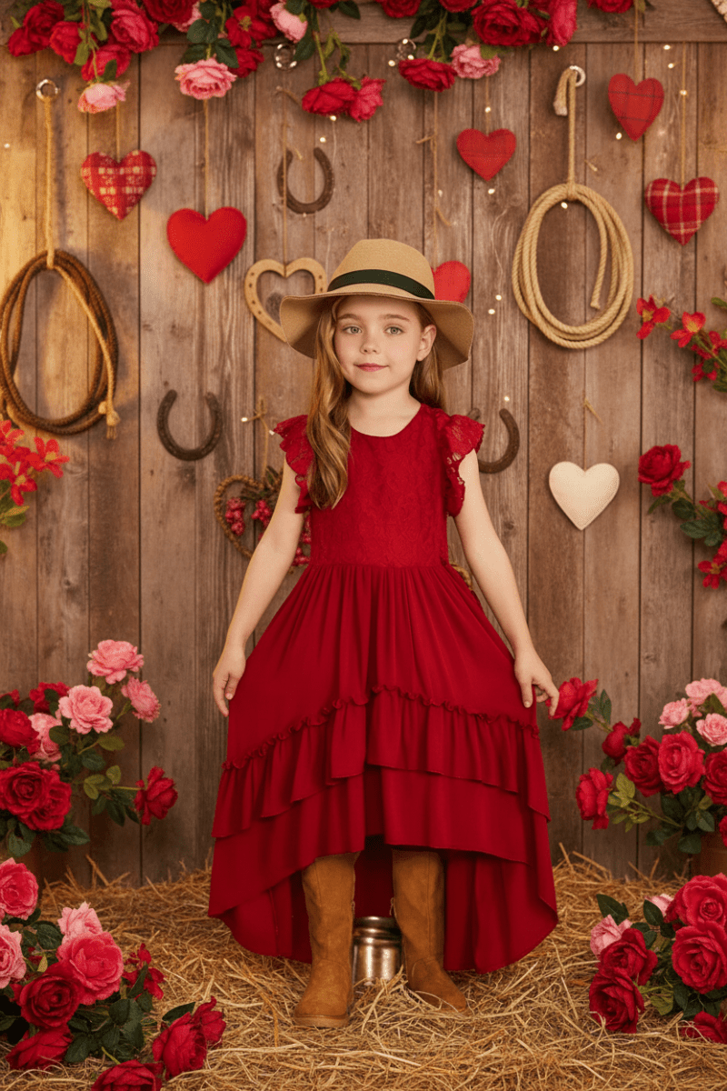 Girls Western Ruffle High-Low Dress with Lace Bodice – Yeehaw Style 12Y / Wheat Color