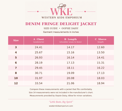 A size guide chart for the 'Denim Fringe Delight Jacket' by Western Kids Emporium, showing measurements (Chest, Length, Sleeve) for sizes 3 through 12 in a pink and white table.