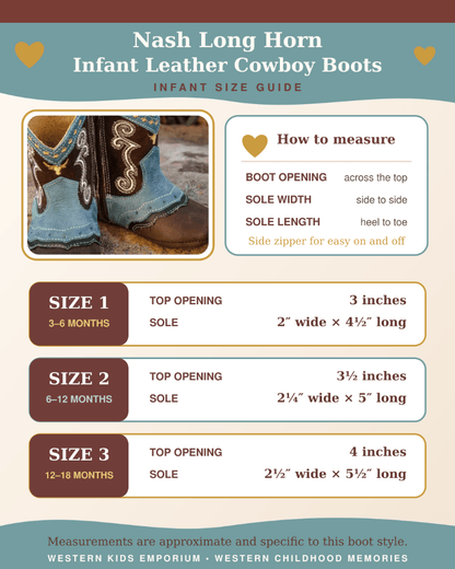 An infographic size guide for Nash Long Horn Infant Leather Cowboy Boots, showing size charts, measurements, and a small photo of a child's legs wearing the boots.