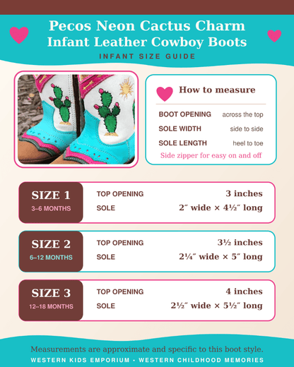 An infographic size guide for 'Pecos Neon Cactus Charm Infant Leather Cowboy Boots' by Western Kids Emporium. The graphic features three size categories (Size 1 for 3-6 months, Size 2 for 6-12 months, and Size 3 for 12-18 months) with detailed measurements for boot opening, sole width, and sole length.