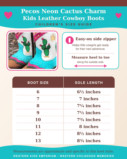 A size guide infographic for Pecos Neon Cactus Charm Kids Leather Cowboy Boots, showing a photo of decorated cowboy boots, key features, and a size chart listing heel-to-toe measurements for boot sizes 6 through 13.