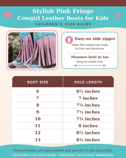 A children's size guide infographic for stylish pink fringe cowgirl leather boots. The graphic includes a small photo of a child's boot, feature callouts, and a size table listing boot sizes 6 through 13 and corresponding sole lengths in inches.