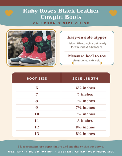 A size guide infographic for Ruby Roses Black Leather Cowgirl Boots, featuring a small photo of pink and black embroidered cowboy boots, usage tips about the side zipper and heel-to-toe measurement, and a table listing boot sizes 6 through 13 with corresponding sole lengths in inches.