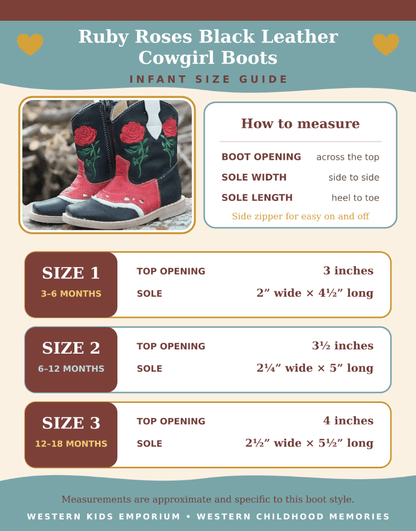 An infographic size guide for Ruby Roses black leather cowgirl boots, showing measurements for sizes 1, 2, and 3 with a photo of the boots and a 'How to measure' box.