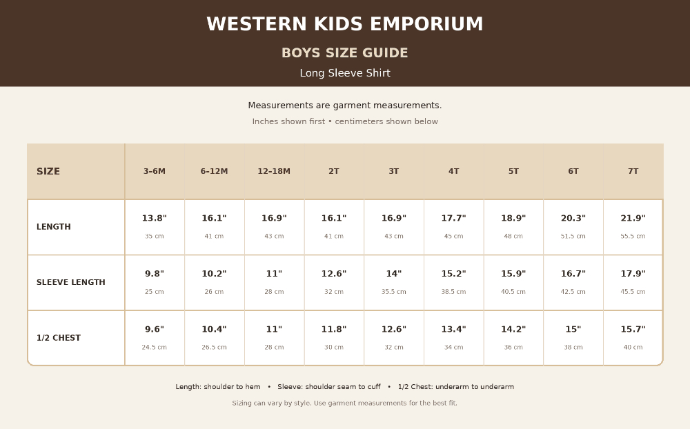 A size guide chart for Western Kids Emporium Boys Size Guide, showing measurements for long sleeve shirts in sizes 3-6T, including length, sleeve length, and 1/2 chest in inches and centimeters.