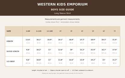 A size guide chart for Western Kids Emporium Boys Size Guide, showing measurements for long sleeve shirts in sizes 3-6T, including length, sleeve length, and 1/2 chest in inches and centimeters.