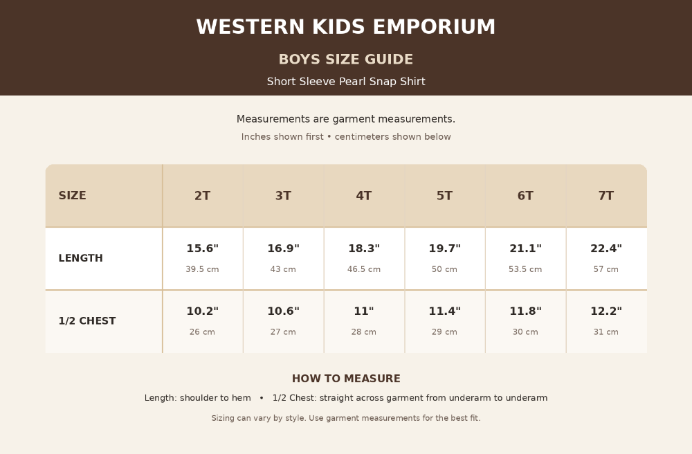 A size guide chart for Western Kids Emporium Boys, showing garment measurements in centimeters and inches for sizes 2T through 7T, including length and 1/2 chest measurements, with a how-to-measure section.