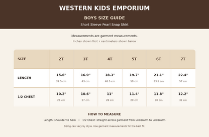 A size guide chart for Western Kids Emporium Boys, showing garment measurements in centimeters and inches for sizes 2T through 7T, including length and 1/2 chest measurements, with a how-to-measure section.