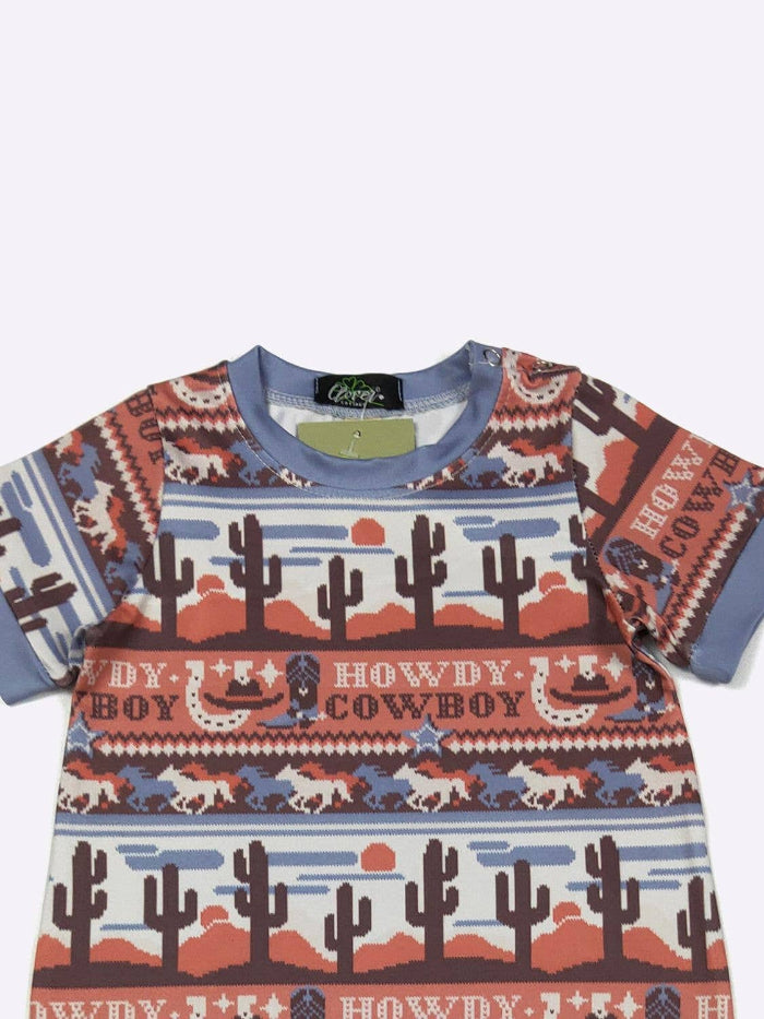 Western Baby cowboy-themed pattern romper on a white background