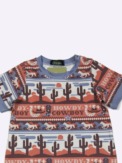 Western Baby cowboy-themed pattern romper on a white background