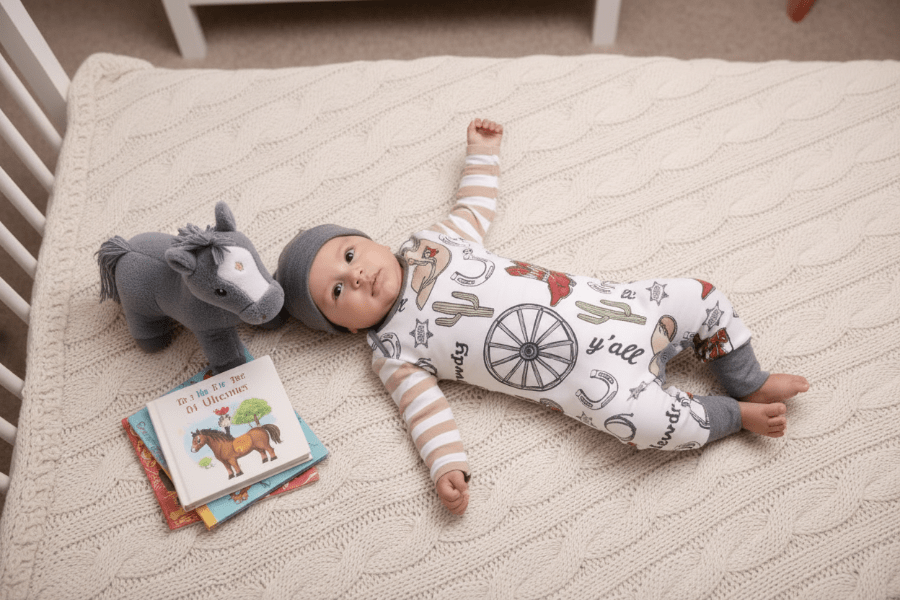 Baby lying on a bed with a book and plush toy, wearing a patterned onesie.