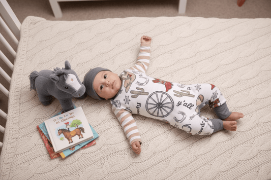 Baby lying on a bed with a book and plush toy, wearing a patterned onesie.