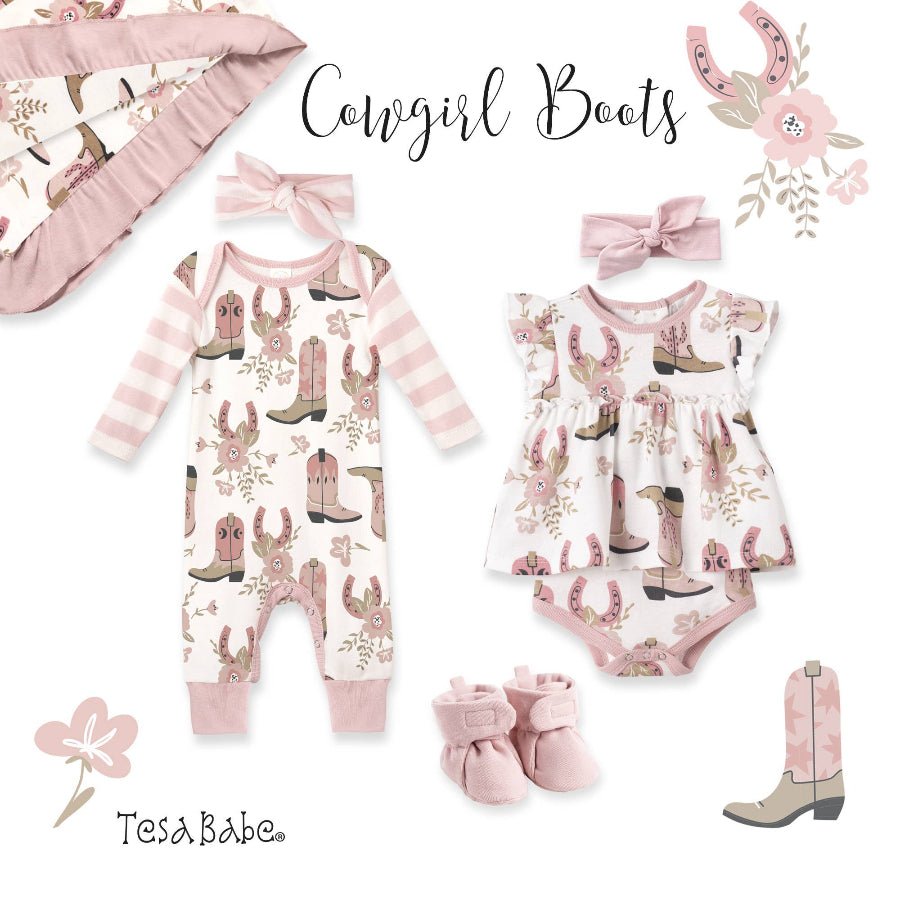 Baby clothing set with cowgirl theme featuring romper, dress, boots, and headbands on a white background.