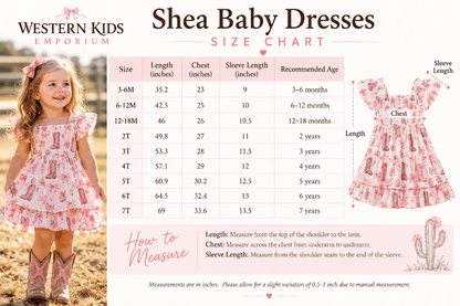 A size chart and informational graphic for Western Kids Emporium Shea Baby Dresses, featuring a size table, measurement instructions, and a photo of a young girl wearing a pink patterned dress.