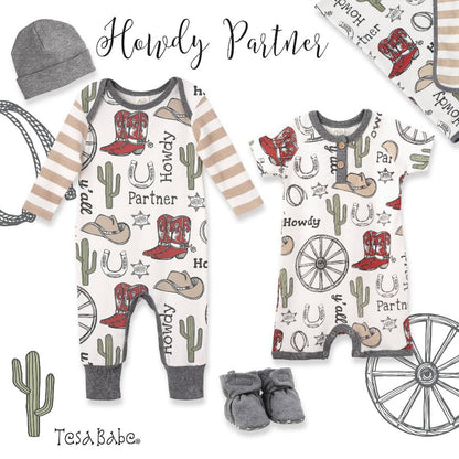 Baby romper with cowboy theme and 'Howdy Partner' text, surrounded by cowboy-themed accessories.