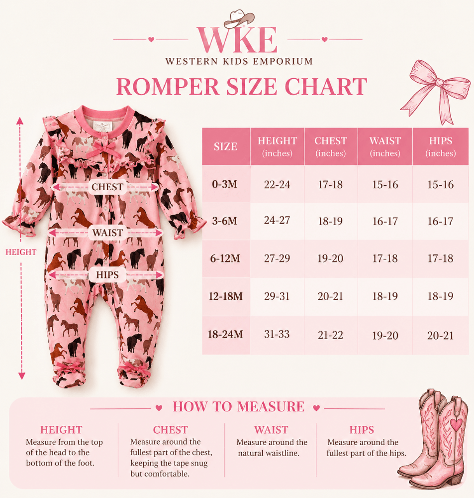 A Western Kids Emporium romper size chart infographic for children's clothing. The chart features a pink camouflage patterned baby romper on the left, a central size table from 0-3M to 18-24M, and a 'How to Measure' section at the bottom with illustrations of a tape measure, chest, waist, and hips, alongside cowboy boots.