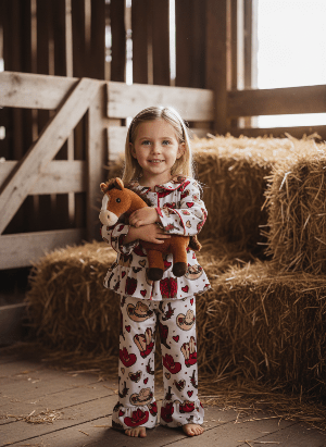Young girl in pajamas holding a plush horse in a barn setting