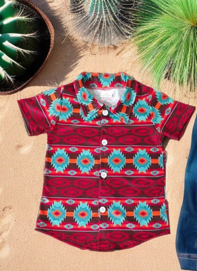 Western Wine Turquoise Short-Sleeved Cowboy Shirt for Kids