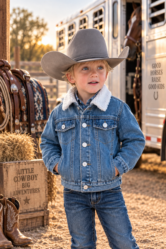 A young boy wearing a gray cowboy hat, a blue denim jacket with a white sherpa collar, and blue jeans stands in a dusty outdoor ranch setting with a horse trailer and western boots in the background.