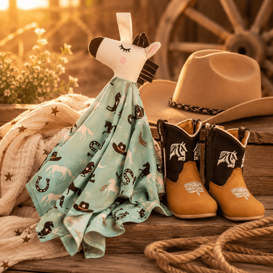 Baby comfort blanket with horse pattern, cowboy boots, and hat on wooden surface with sunset background