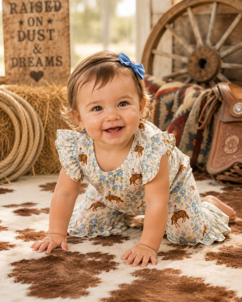 A smiling toddler girl wearing a cream floral dress with brown horse prints and a blue bow, crawling on a cowhide rug in a rustic western-themed room.