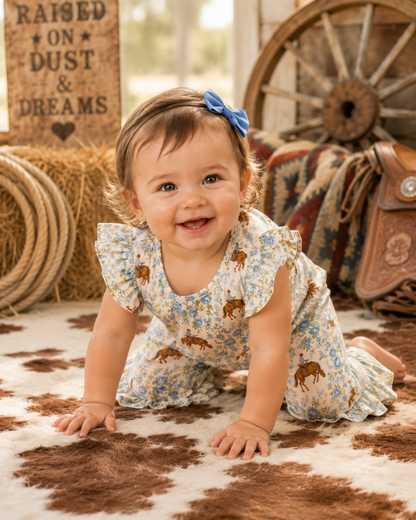 A smiling toddler girl wearing a cream floral dress with brown horse prints and a blue bow, crawling on a cowhide rug in a rustic western-themed room.