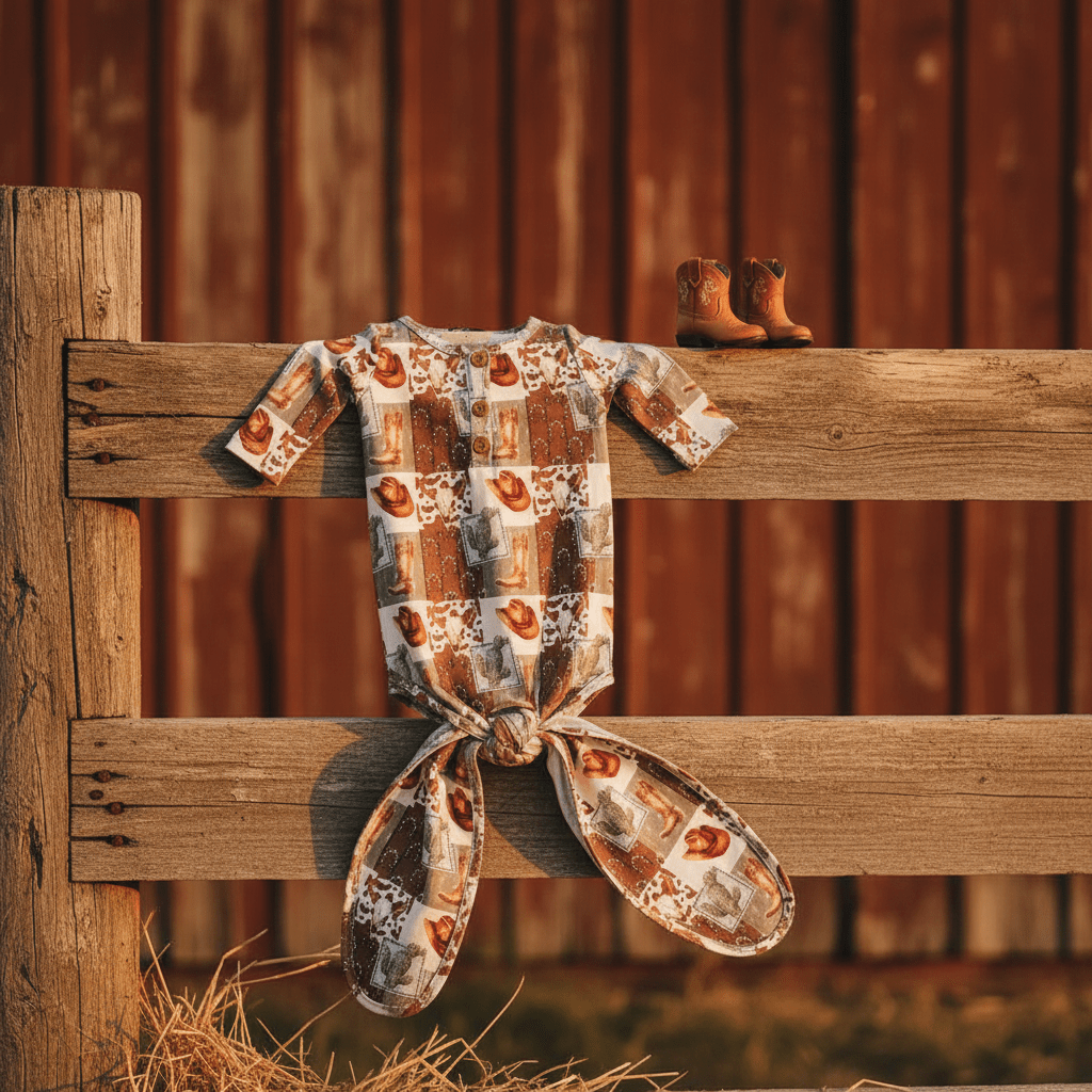 Baby romper with hats and cacti pattern on a wooden fence against a barn background